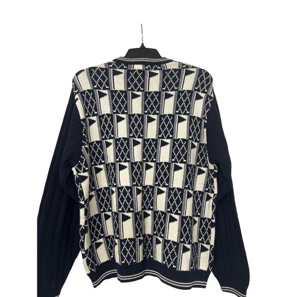 Vintage IZOD Cotton Nautical Flag Knit Cardigan Sweater Navy Cream L 90s Coastal - Picture 2 of 10